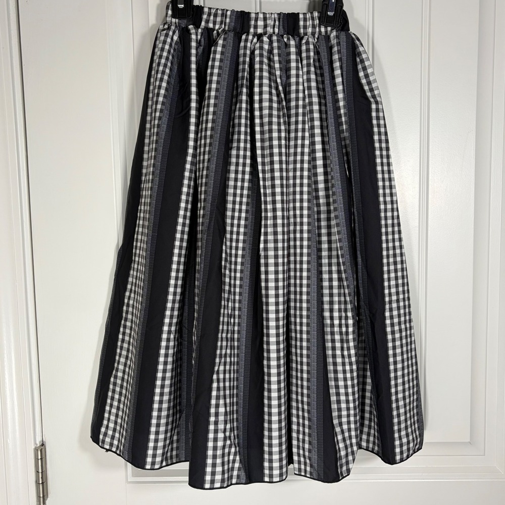 Black White Gingham Paneled Midi Skirt Elastic Waist Pleated A-Line XS
